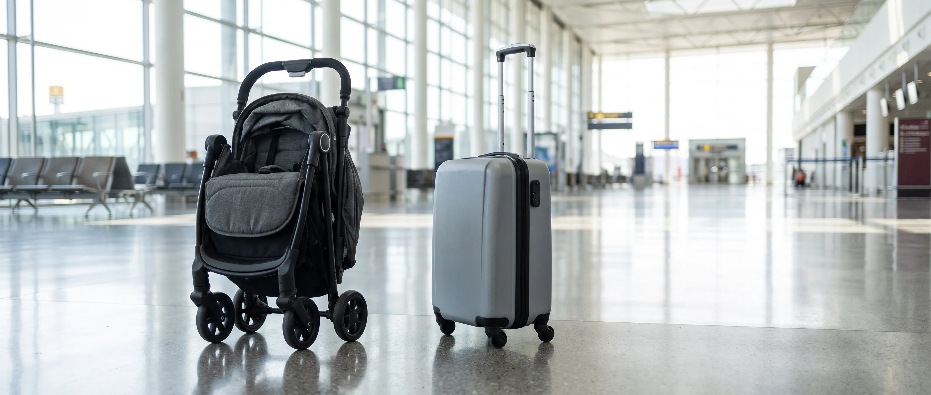 Carrinho de bebê compacto dobrado ao lado de uma mala de bordo em aeroporto