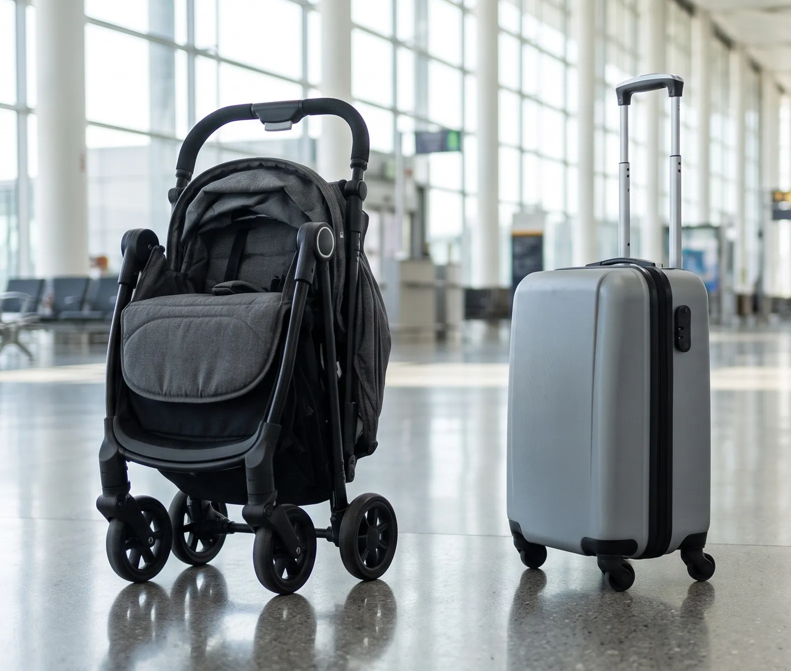 Carrinho de bebê ultracompacto dobrado ao lado de uma mala de bordo no saguão de um aeroporto