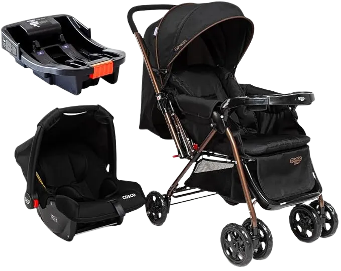 Conjunto de viagem Cosco em preto: base para o carro, bebê conforto e carrinho de bebê, os três da mesma linha