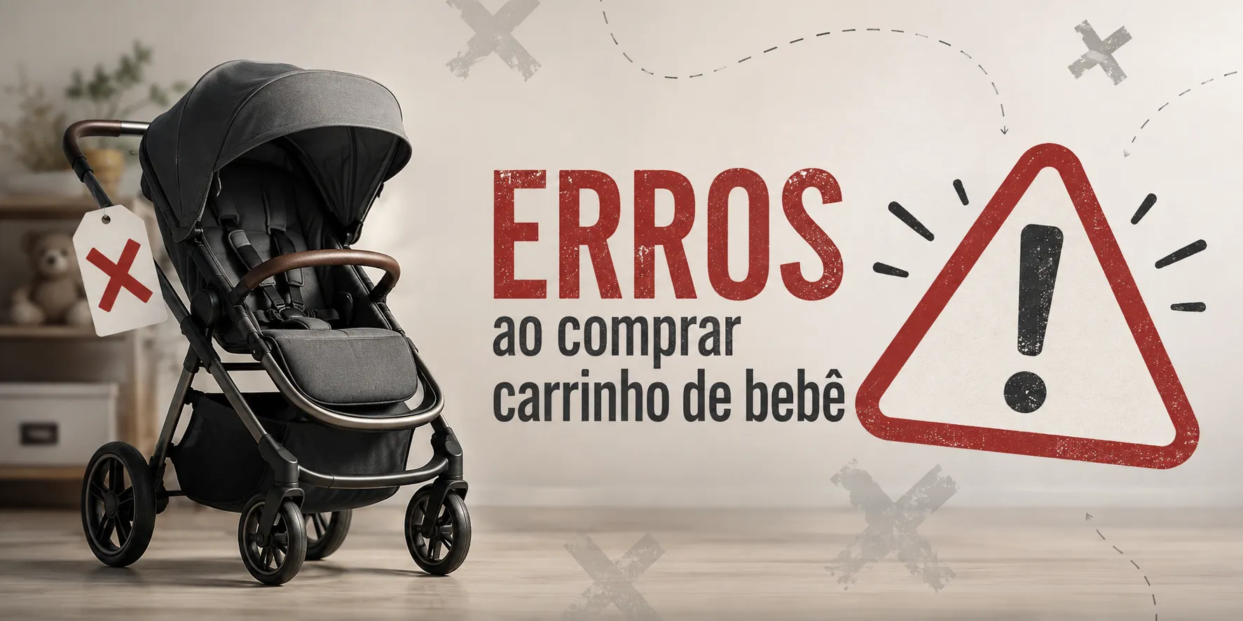 Pai empurrando carrinho de bebê em calçada irregular durante passeio no fim de tarde