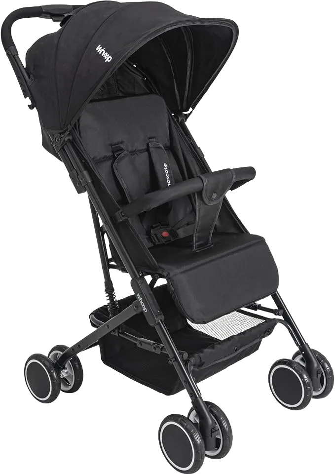 Carrinho de bebê Kiddo Sprint 2 preto, com capota escura, barra de proteção frontal e cesta inferior, visto de três quartos