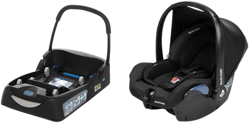 Base para o carro e bebê conforto Maxi-Cosi pretos, lado a lado, mostrando o encaixe do bebê conforto sobre a base