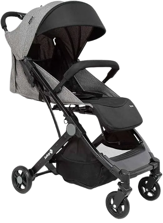 Carrinho de bebê Safety 1st Bytes em tecido cinza mesclado e estrutura preta, visto de lado com a capota aberta